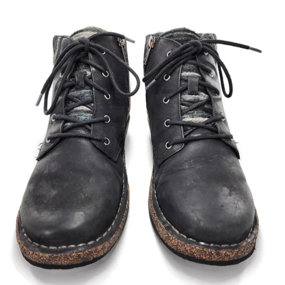 Aetrex Jolie Black Leather Black & Grey Sweater Lace-Up Round-Toe Ankle Boots